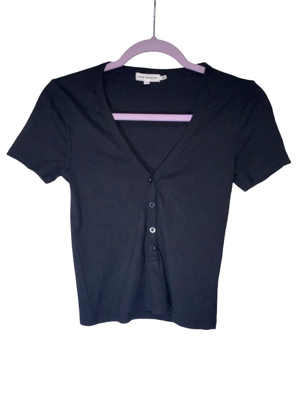 Good American‎ Black Ribbed V-Neck Short Sleeve Henley Top Cardigan